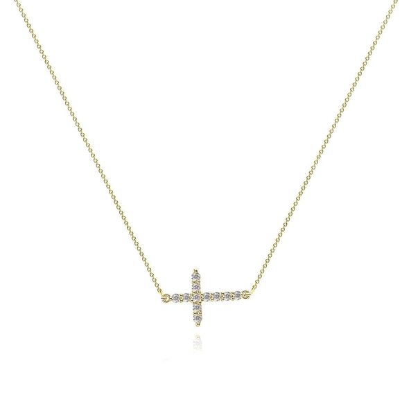 18K Gold Plated Women's Side Cross Cubic Zirconia Necklace Waterproof Jewelry - Picture 1 of 10